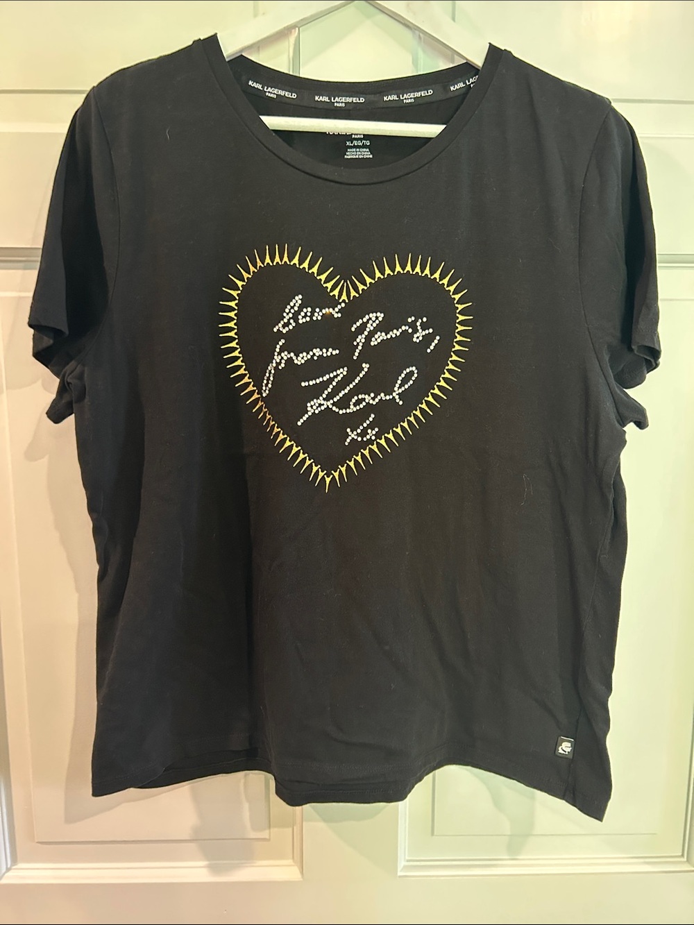 Karl Lagerfeld Black Tee with Gold Trim Heart.
